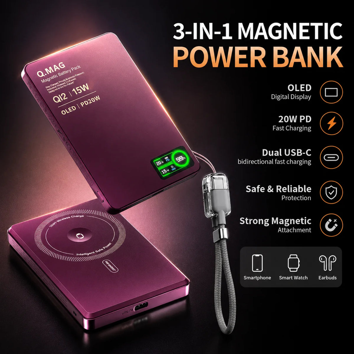 Wireless Magnetic Powerbank Fast Charing Spare Portable External Battery for iPhone 12-17 Promax Watch Airpods 5000/10000mAh