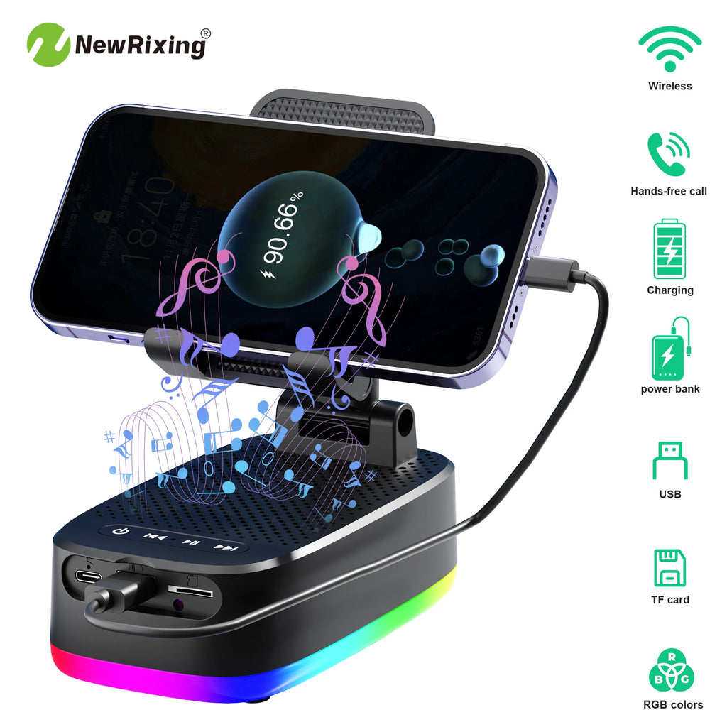 Phone Holder, 6W Wireless Speaker, 1800mAh Battery, Emergency Power Bank, USB Charging, RGB Lights, Hands-Free, Support BT/USB/T