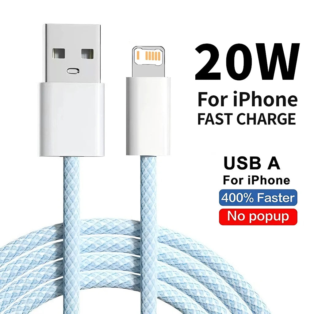 20W Braided Fast Charging USB Cable For iPhone X XR XS 6 6S 7 8 Plus 11 12 Mini 13 14 Pro Max  Rapid Charge Phone Cables 1m 2m