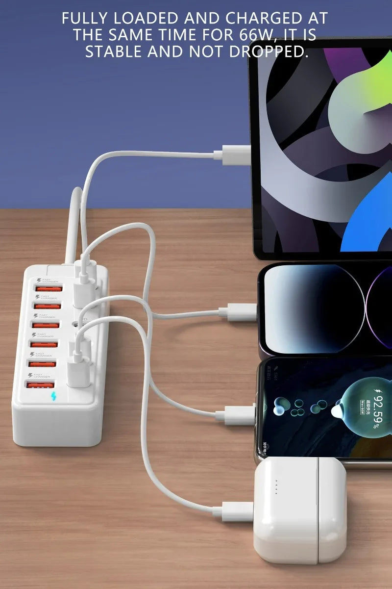 Fast-Charging Multi-Port Charger, 6-Port USB with Individual Ports & Power Indicator, Compatible with USB-C/USB-A Devices