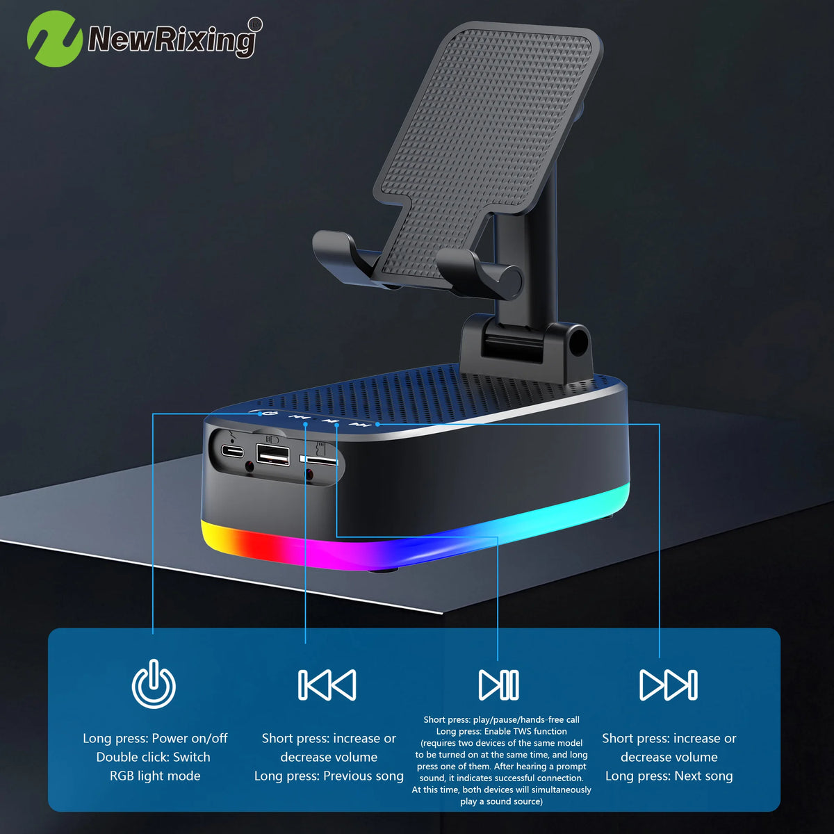Phone Holder, 6W Wireless Speaker, 1800mAh Battery, Emergency Power Bank, USB Charging, RGB Lights, Hands-Free, Support BT/USB/T