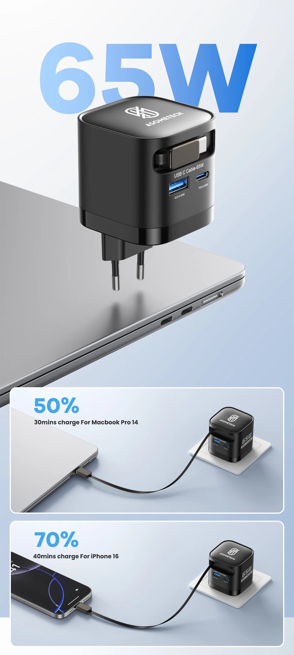 65W GaN USB Charger with Type C Retractable Cable 3 Port QC4.0 PD3.0 PPS Fast Charger for Macbook Laptop iPhone 16 15 14 Xiaomi