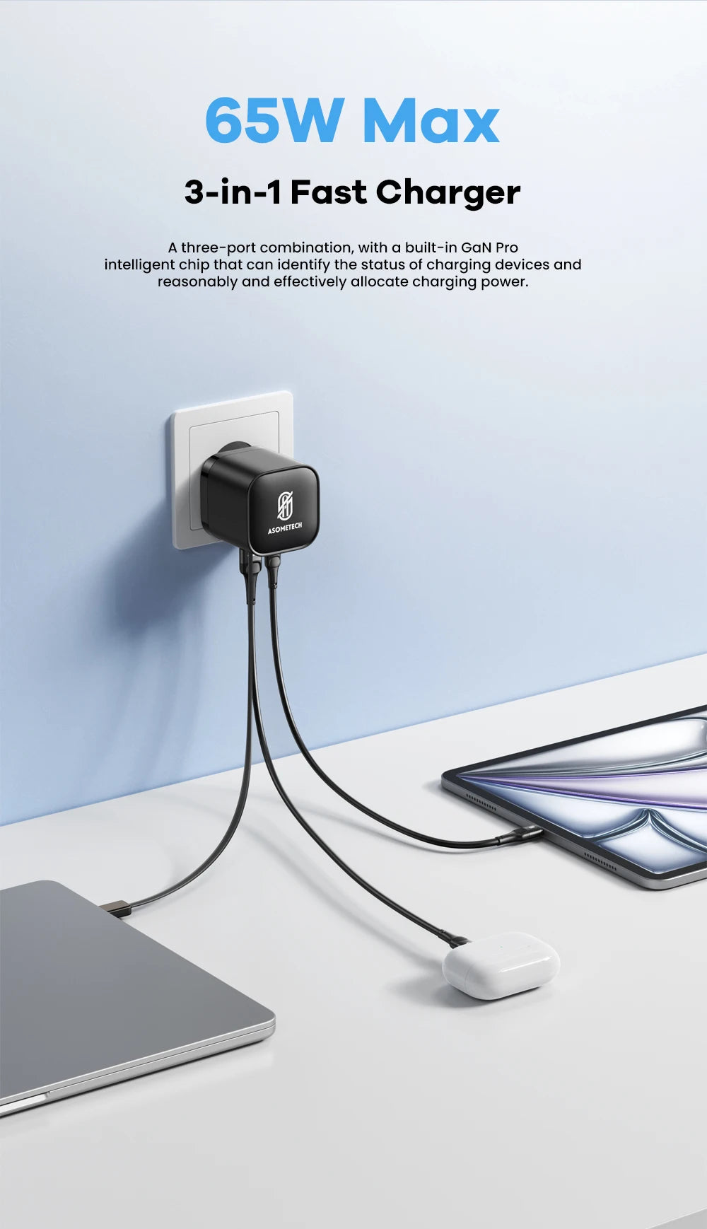 65W GaN USB Charger with Type C Retractable Cable 3 Port QC4.0 PD3.0 PPS Fast Charger for Macbook Laptop iPhone 16 15 14 Xiaomi