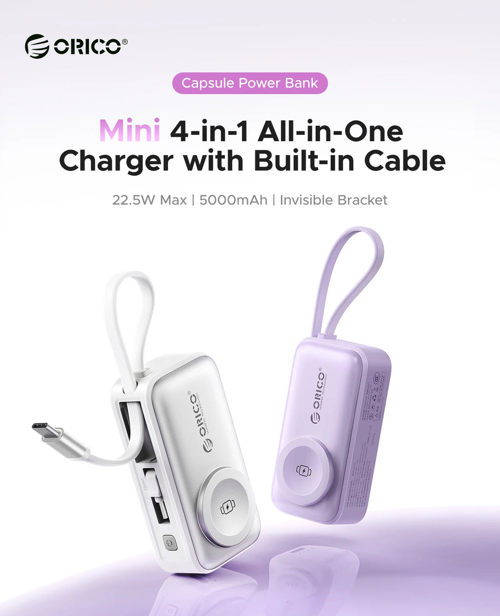 ORICO 5000mAh Mini 4‑in‑1 Capsule Power Bank 22.5W Fast Charger Built‑in Cable Foldable Plug Portable External Battery For iPhon