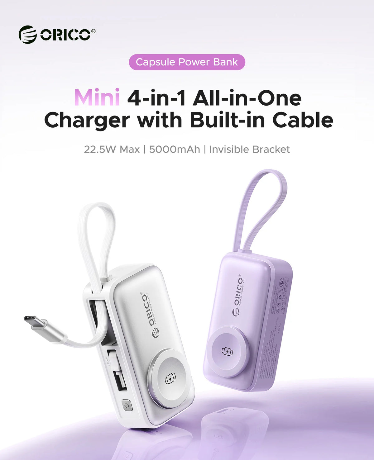 ORICO 5000mAh Mini 4‑in‑1 Capsule Power Bank 22.5W Fast Charger Built‑in Cable Foldable Plug Portable External Battery For iPhon