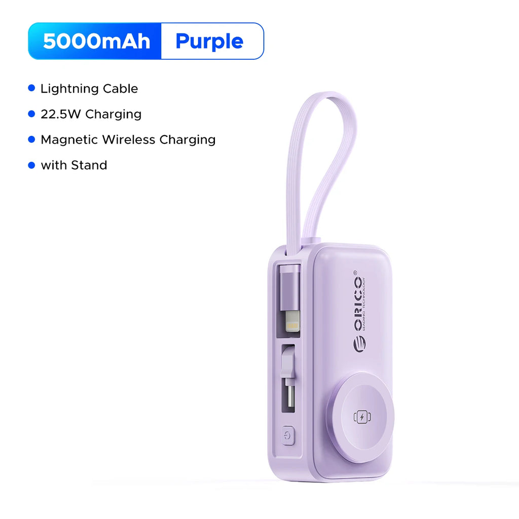ORICO 5000mAh Mini 4‑in‑1 Capsule Power Bank 22.5W Fast Charger Built‑in Cable Foldable Plug Portable External Battery For iPhon