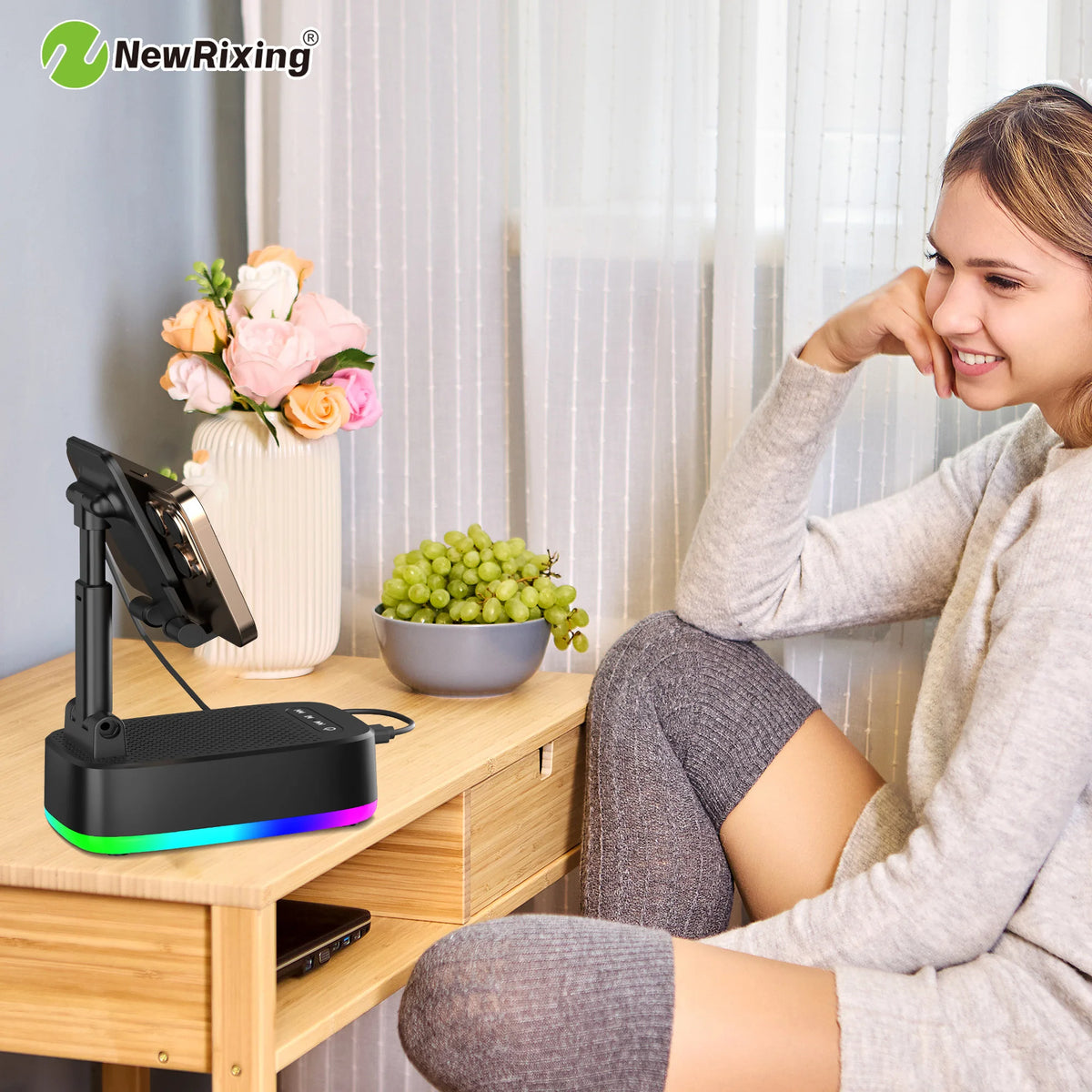 Phone Holder, 6W Wireless Speaker, 1800mAh Battery, Emergency Power Bank, USB Charging, RGB Lights, Hands-Free, Support BT/USB/T