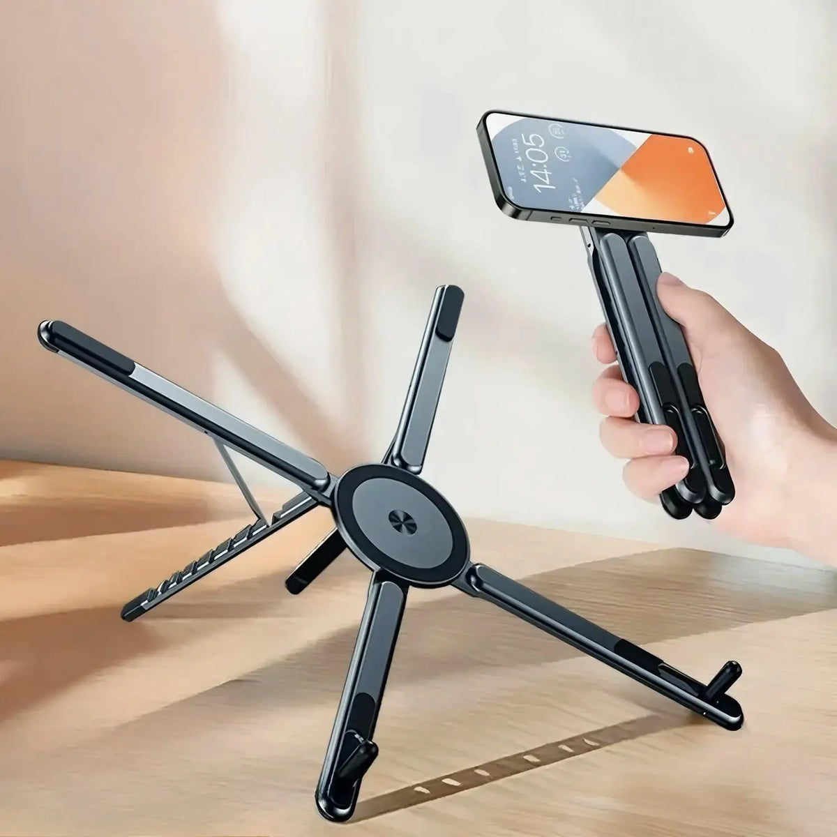 Portable Magnetic Phone Holder & Selfie Stick 3-in-1 Foldable Tripod Stand for iPhone iPad Tablet Laptop Desktop Use