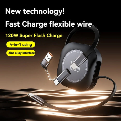 120W 6A Super Fast Charge Type-C Retractable Cable 1M Quick Charge USB Charger 4-in-1 USB C to C Charging Cord for Electronics