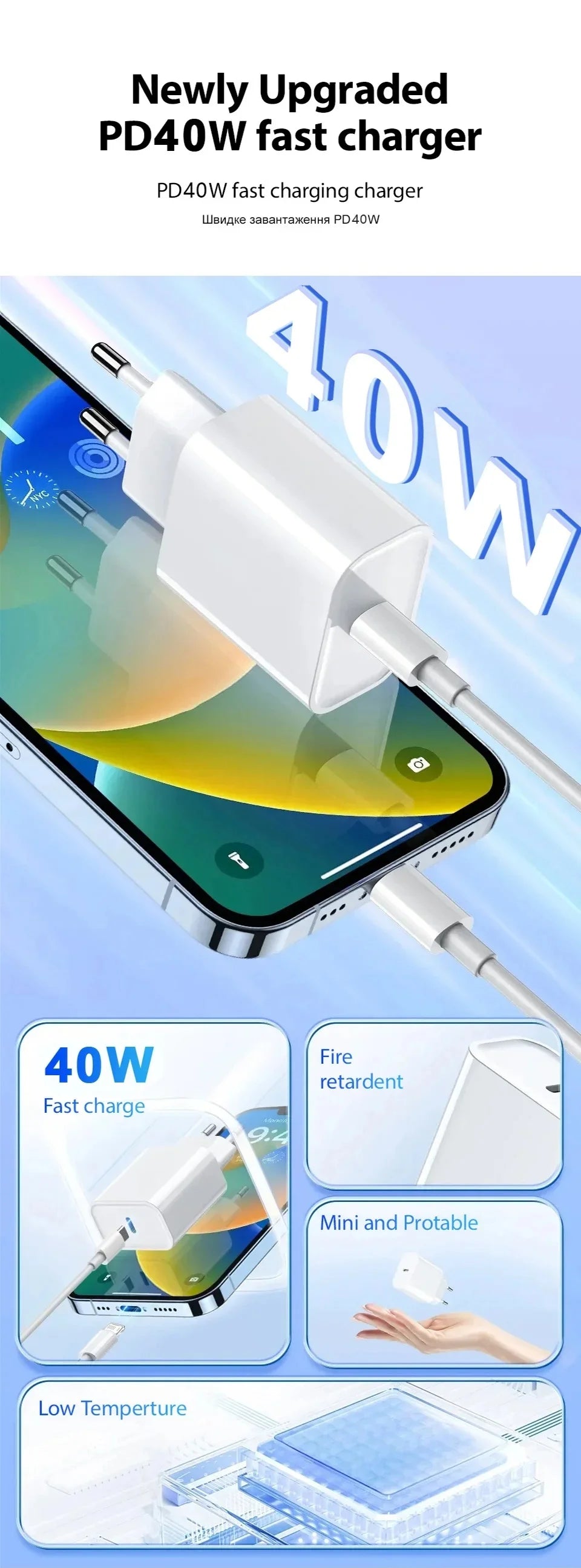 Original PD 40W EU US Fast Charger For iPhone 17 16 15 14 13 11 12 Pro Max Plus Air USB-C Cable Braided Fast Charging Type-C 1M