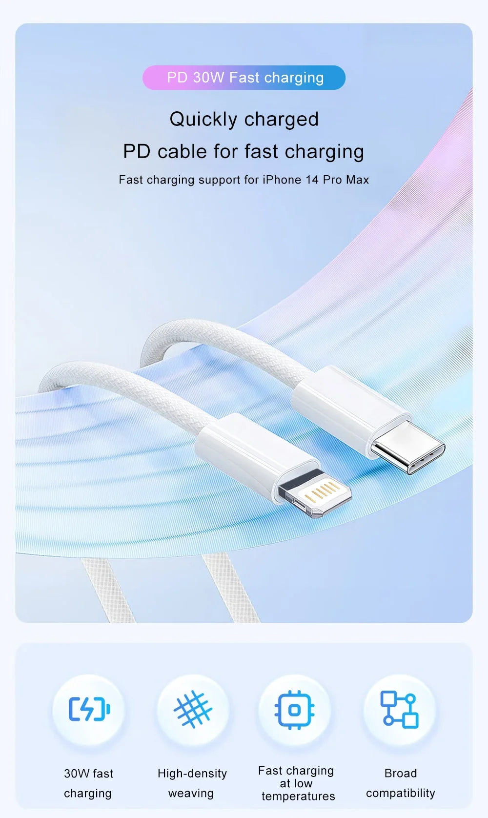 PD 30W Fast Charger For iPhone 14 13 12 11 X XR XS 8 Pro Max Plus Mini iPad Air Fast Charging Cable USB C to Lightning Durable B