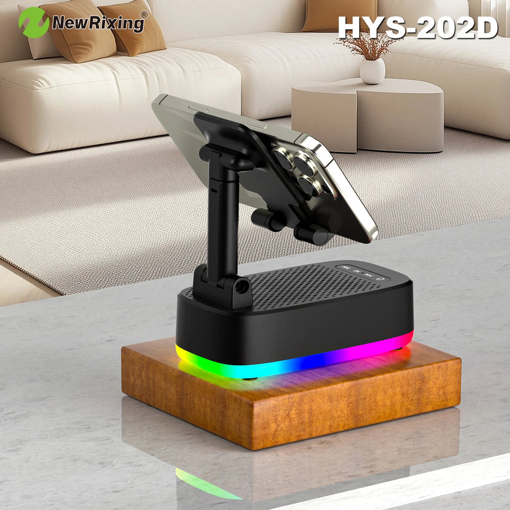 Phone Holder, 6W Wireless Speaker, 1800mAh Battery, Emergency Power Bank, USB Charging, RGB Lights, Hands-Free, Support BT/USB/T