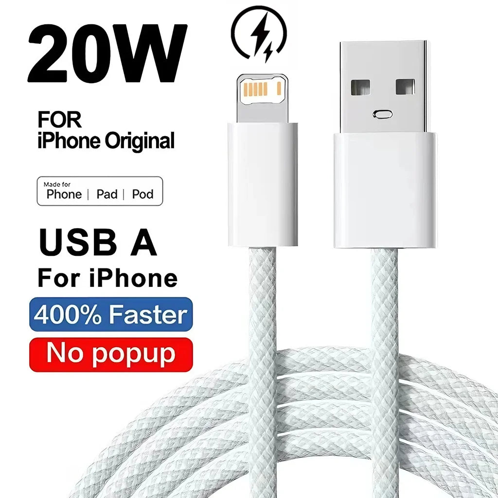20W Braided Fast Charging USB Cable For iPhone X XR XS 6 6S 7 8 Plus 11 12 Mini 13 14 Pro Max  Rapid Charge Phone Cables 1m 2m