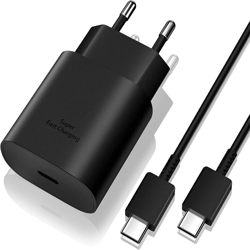 USB C 25W Fast Wall Charger with USB C to Type C Fast Charging Cable For Samsu Galax S25 24 S23 S22 S21 S20 Note 10 IPhone 15 16