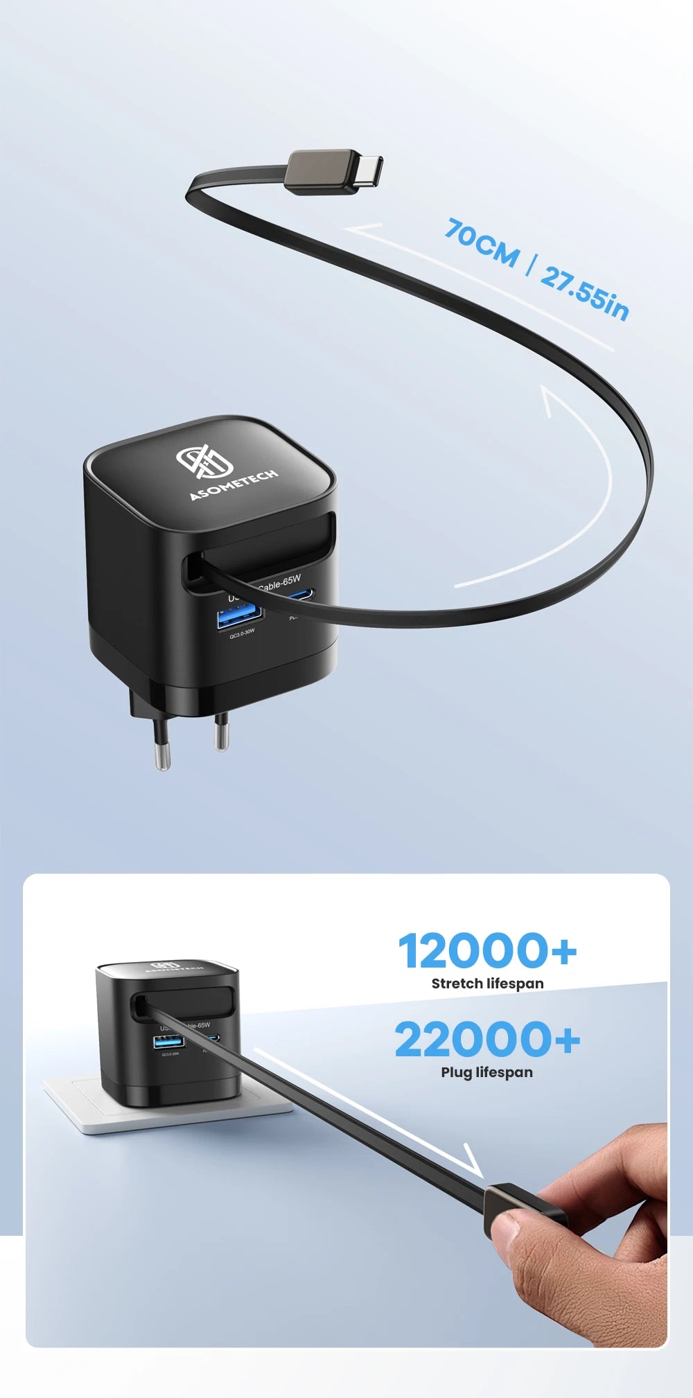 65W GaN USB Charger with Type C Retractable Cable 3 Port QC4.0 PD3.0 PPS Fast Charger for Macbook Laptop iPhone 16 15 14 Xiaomi
