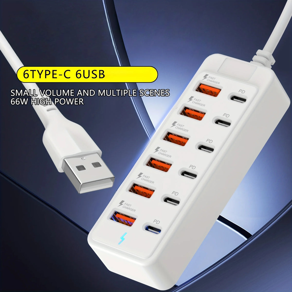 Fast-Charging Multi-Port Charger, 6-Port USB with Individual Ports & Power Indicator, Compatible with USB-C/USB-A Devices