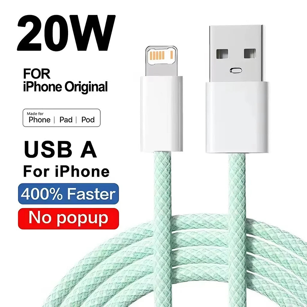 20W Braided Fast Charging USB Cable For iPhone X XR XS 6 6S 7 8 Plus 11 12 Mini 13 14 Pro Max  Rapid Charge Phone Cables 1m 2m
