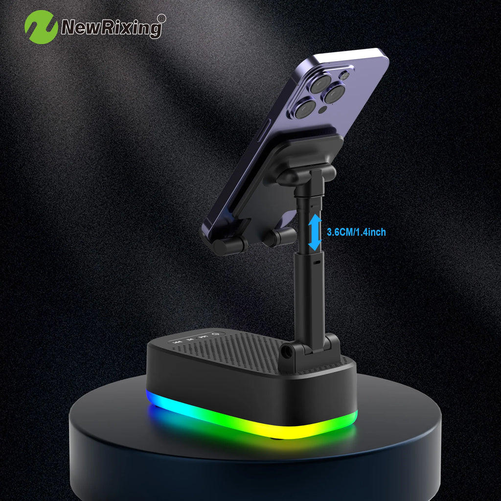 Phone Holder, 6W Wireless Speaker, 1800mAh Battery, Emergency Power Bank, USB Charging, RGB Lights, Hands-Free, Support BT/USB/T
