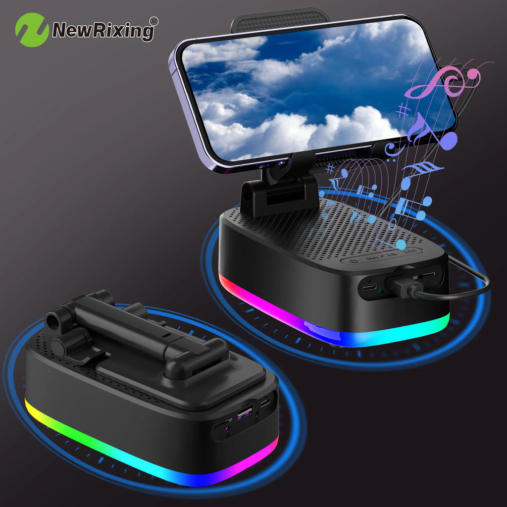 Phone Holder, 6W Wireless Speaker, 1800mAh Battery, Emergency Power Bank, USB Charging, RGB Lights, Hands-Free, Support BT/USB/T