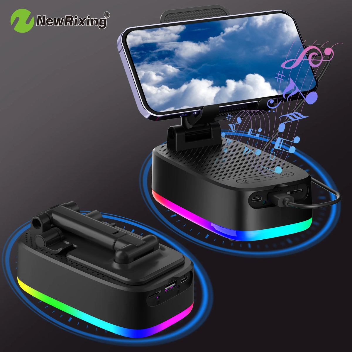 Phone Holder, 6W Wireless Speaker, 1800mAh Battery, Emergency Power Bank, USB Charging, RGB Lights, Hands-Free, Support BT/USB/T