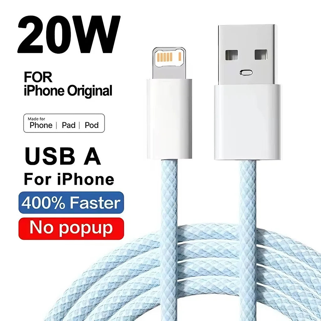20W Braided Fast Charging USB Cable For iPhone X XR XS 6 6S 7 8 Plus 11 12 Mini 13 14 Pro Max  Rapid Charge Phone Cables 1m 2m