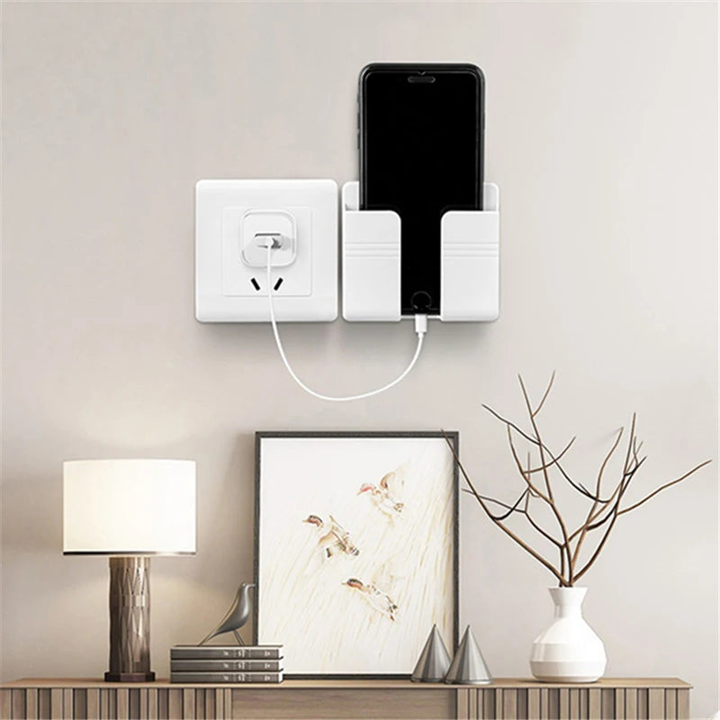 Universal Wall Mount Cell Phone Holder Remote Control Storage Box Multifunction Smart Phone Stand Punch Free Phone Charging Dock