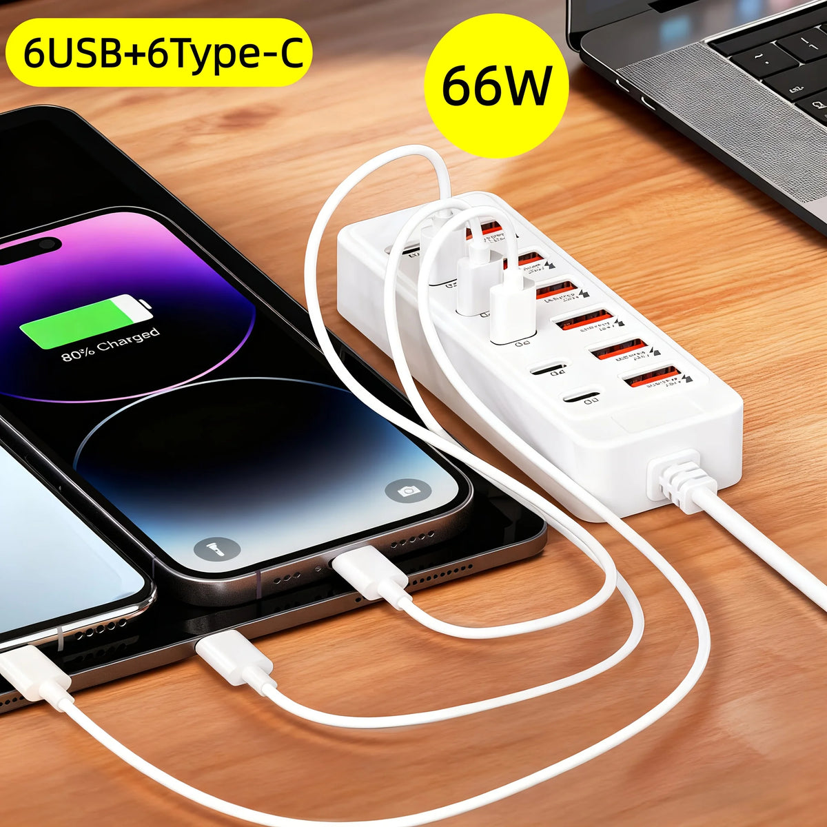 Fast-Charging Multi-Port Charger, 6-Port USB with Individual Ports & Power Indicator, Compatible with USB-C/USB-A Devices