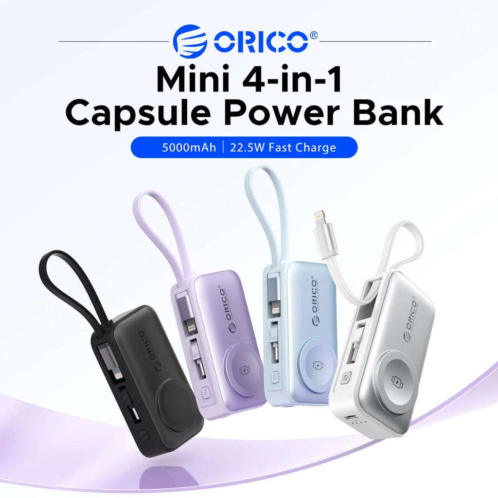 ORICO 5000mAh Mini 4‑in‑1 Capsule Power Bank 22.5W Fast Charger Built‑in Cable Foldable Plug Portable External Battery For iPhon