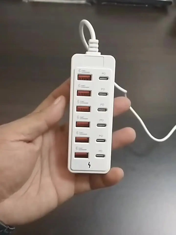 Fast-Charging Multi-Port Charger, 6-Port USB with Individual Ports & Power Indicator, Compatible with USB-C/USB-A Devices