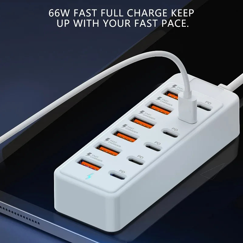 Fast-Charging Multi-Port Charger, 6-Port USB with Individual Ports & Power Indicator, Compatible with USB-C/USB-A Devices