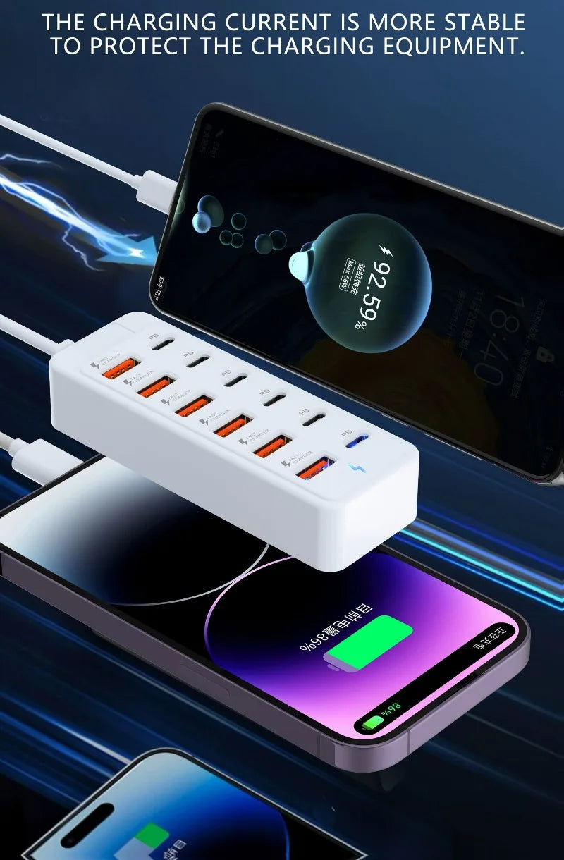 Fast-Charging Multi-Port Charger, 6-Port USB with Individual Ports & Power Indicator, Compatible with USB-C/USB-A Devices