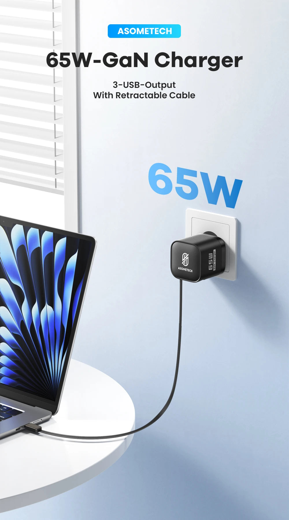 65W GaN USB Charger with Type C Retractable Cable 3 Port QC4.0 PD3.0 PPS Fast Charger for Macbook Laptop iPhone 16 15 14 Xiaomi