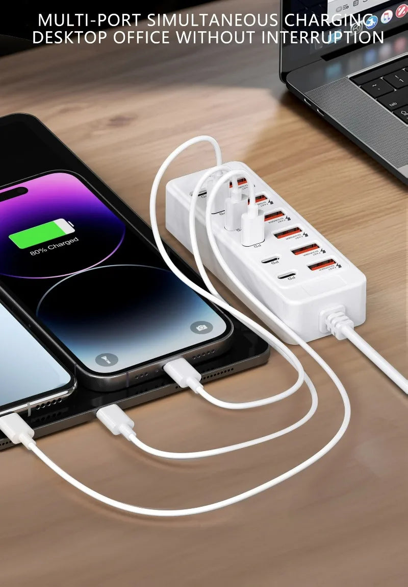 Fast-Charging Multi-Port Charger, 6-Port USB with Individual Ports & Power Indicator, Compatible with USB-C/USB-A Devices