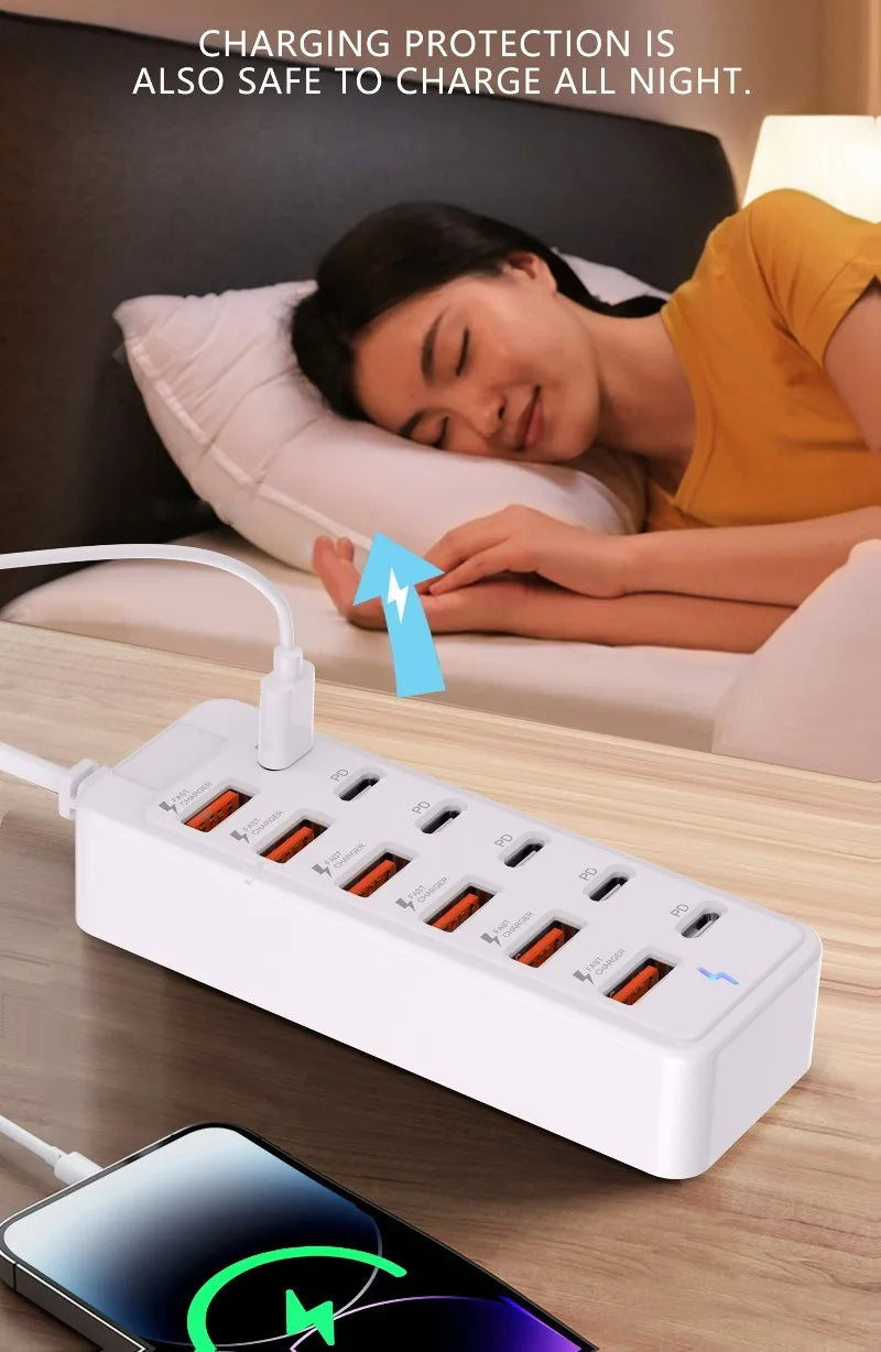Fast-Charging Multi-Port Charger, 6-Port USB with Individual Ports & Power Indicator, Compatible with USB-C/USB-A Devices