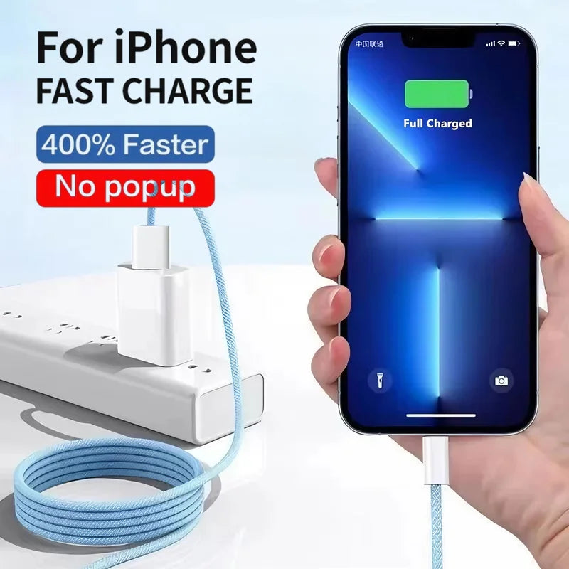 20W Braided Fast Charging USB Cable For iPhone X XR XS 6 6S 7 8 Plus 11 12 Mini 13 14 Pro Max  Rapid Charge Phone Cables 1m 2m
