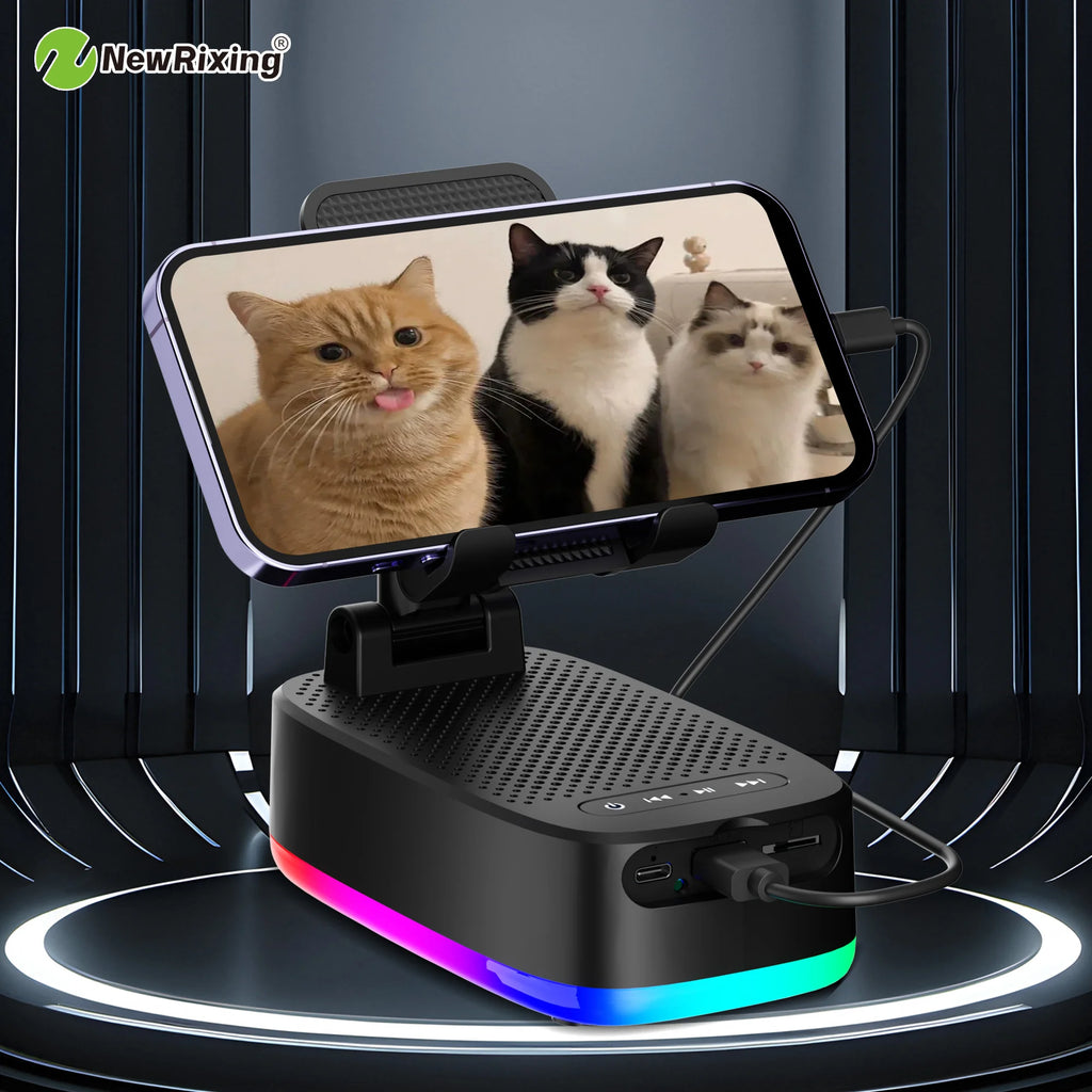 Phone Holder, 6W Wireless Speaker, 1800mAh Battery, Emergency Power Bank, USB Charging, RGB Lights, Hands-Free, Support BT/USB/T