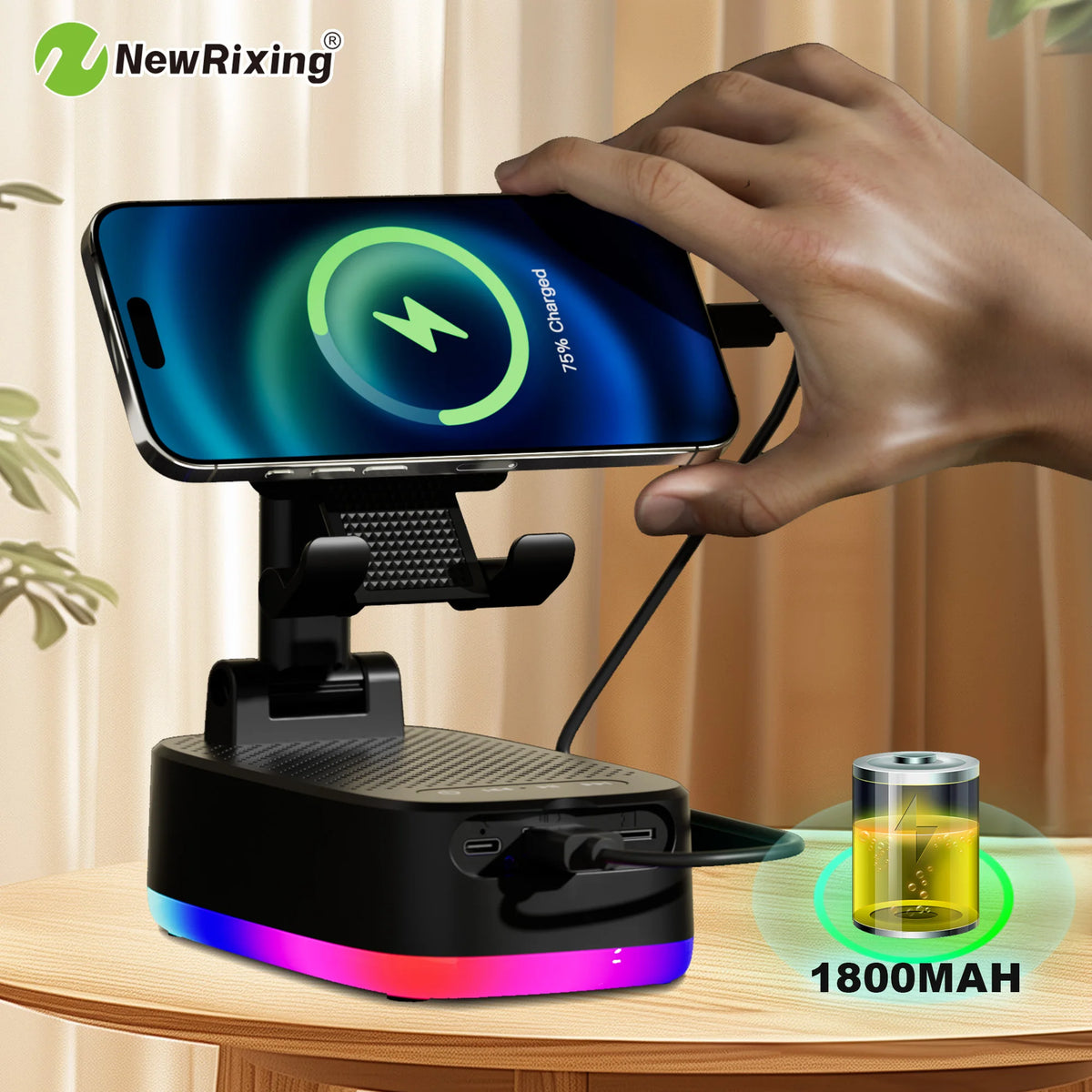 Phone Holder, 6W Wireless Speaker, 1800mAh Battery, Emergency Power Bank, USB Charging, RGB Lights, Hands-Free, Support BT/USB/T