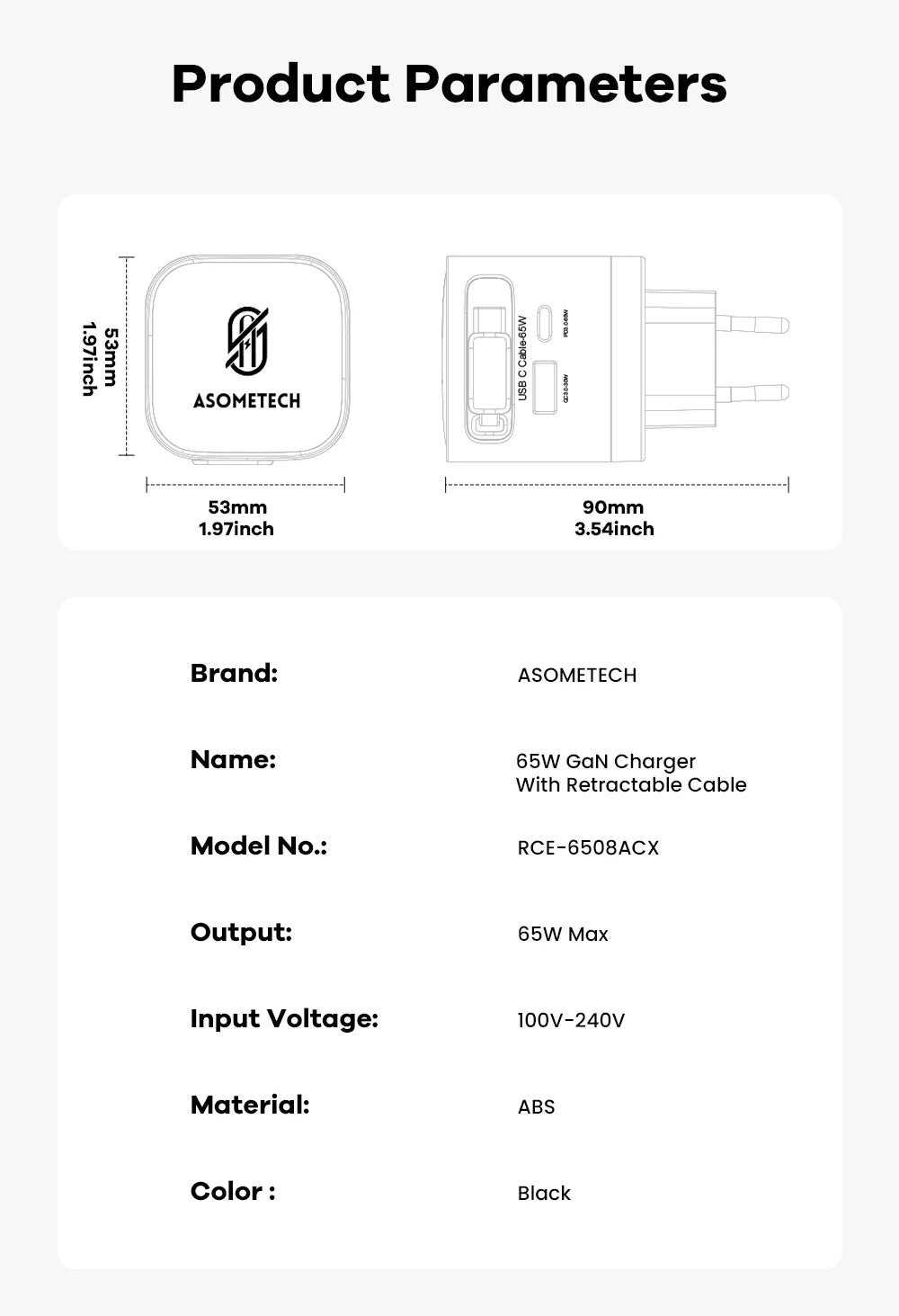 65W GaN USB Charger with Type C Retractable Cable 3 Port QC4.0 PD3.0 PPS Fast Charger for Macbook Laptop iPhone 16 15 14 Xiaomi
