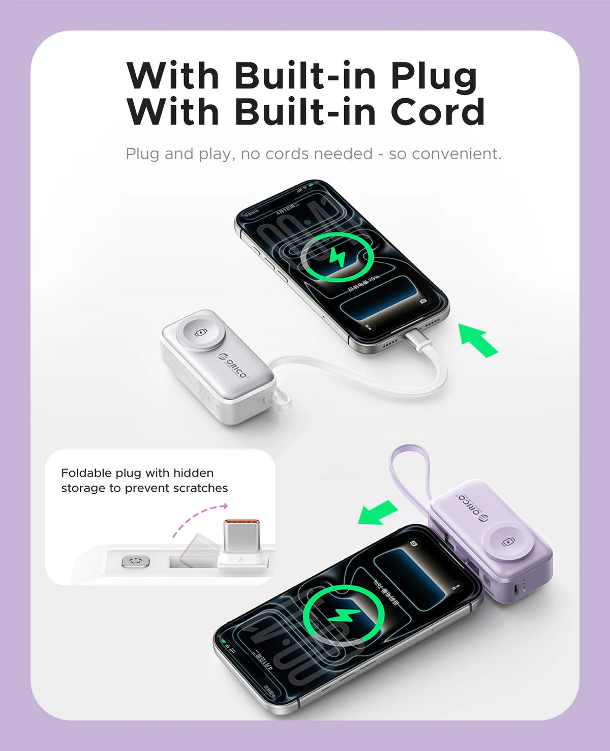 ORICO 5000mAh Mini 4‑in‑1 Capsule Power Bank 22.5W Fast Charger Built‑in Cable Foldable Plug Portable External Battery For iPhon