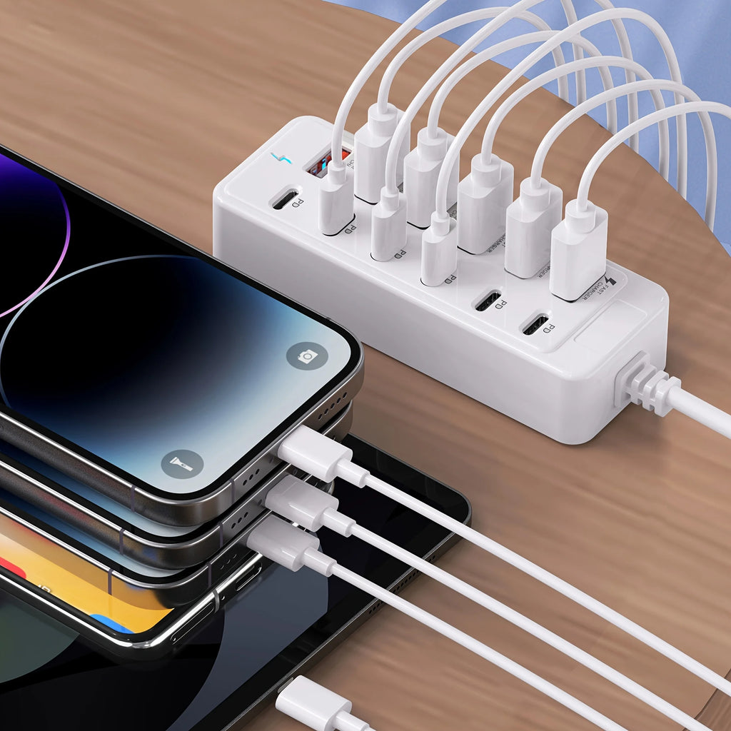 Fast-Charging Multi-Port Charger, 6-Port USB with Individual Ports & Power Indicator, Compatible with USB-C/USB-A Devices