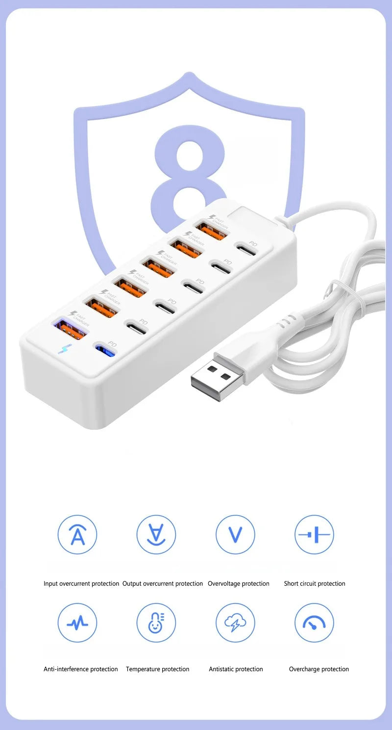 Fast-Charging Multi-Port Charger, 6-Port USB with Individual Ports & Power Indicator, Compatible with USB-C/USB-A Devices