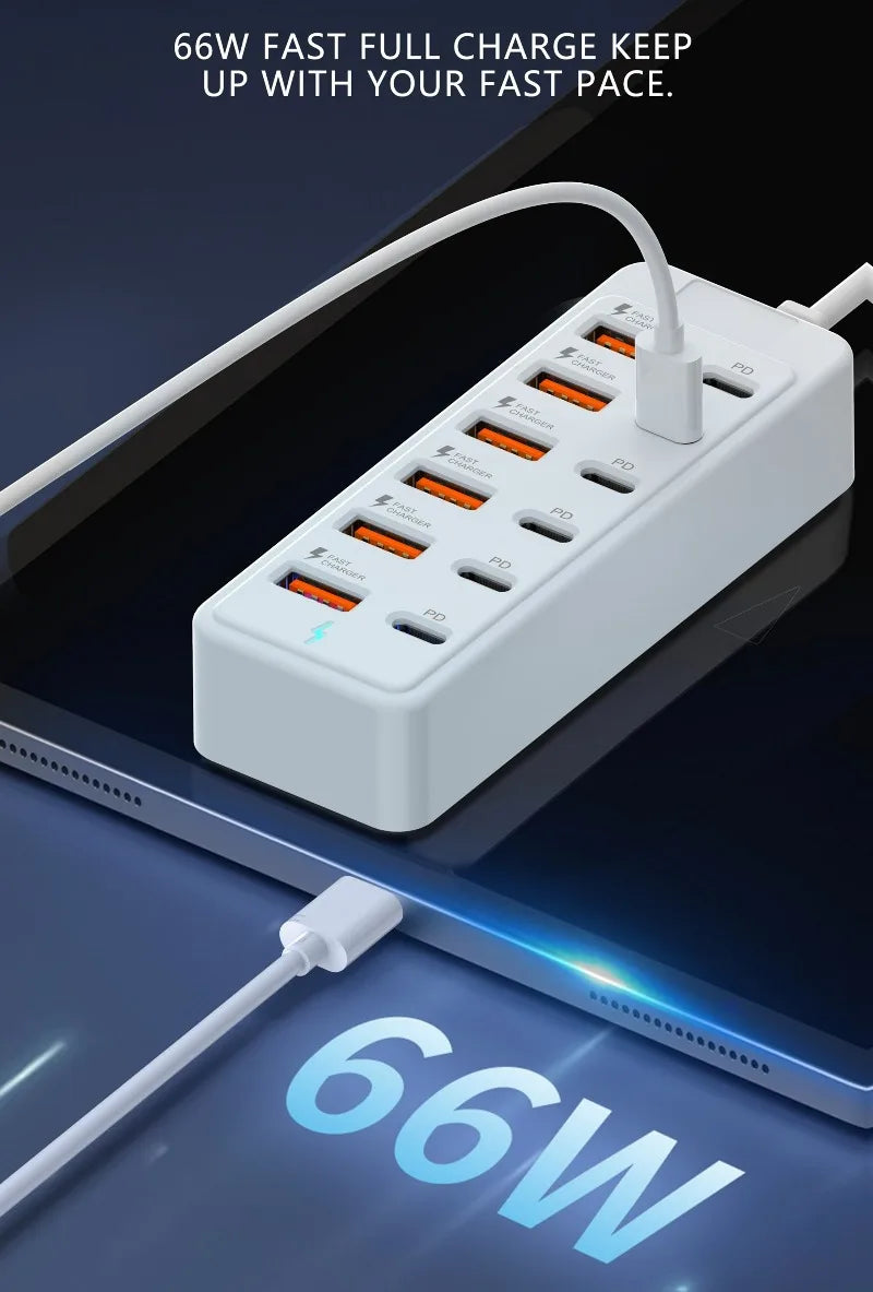 Fast-Charging Multi-Port Charger, 6-Port USB with Individual Ports & Power Indicator, Compatible with USB-C/USB-A Devices